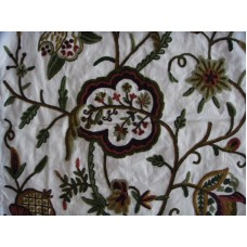 Crewel Fabric Lotus Classic Forest Colors on Off White Cotton Duck
