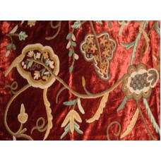 Crewel Fabric Lotus Modern Maroon Cotton Viscose Velvet