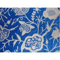 Crewel Fabric Lotus White on Indigo Blue Cotton velvet
