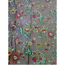 Crewel Fabric Shalimar Modern Forest colors on Off White Cotton