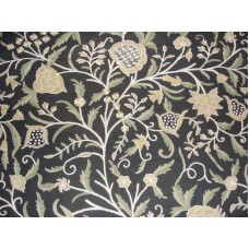 Crewel Fabric Tree of Life Green and beige on Black Grapes Cotton