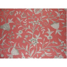 Crewel Fabric Tree of Life Neutrals on Bright Coral Linen