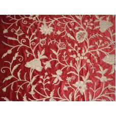 Crewel Fabric Tree of Life Neutrals on Red Cotton Velvet