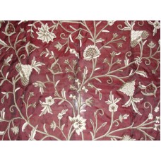 Crewel Fabric Tree of Life Neutrals on Vermilion Silk Organza