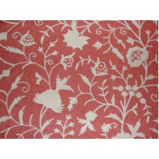 Crewel Fabric Tree of Life White on Bright Coral Linen