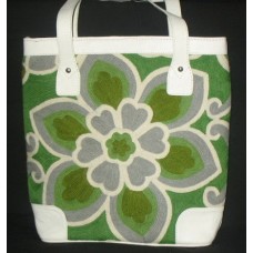 Crewel Lotus Flower Green and White Tote