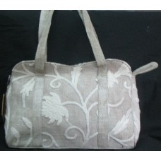 Crewel Handbag Tech White on Natural Brown Linen