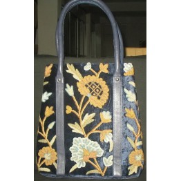 Crewel Tree of life Golds on Black Tote
