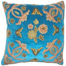 Crewel Pillow Art Nouveau Sea BLue Cotton Velvet 