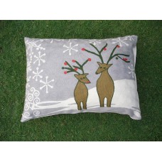 Crewel Pillow Christmas Reindeers Brown on Grey Cotton Duck