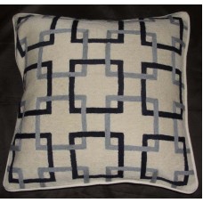 Crewel Pillow ChainStitch Interlaced Squares Blue on White Cotton