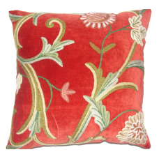 Crewel Pillow Curve Deep Red Cotton Velvet-16x16