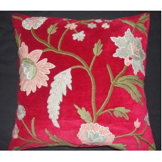 Crewel Pillow Daisy Red Cotton Velvet