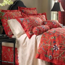 Crewel Pillow Euro Sham Tree of Life Exotic Red Cotton Duck