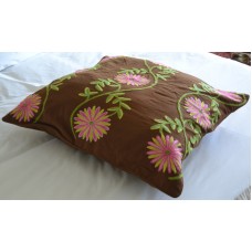 Crewel Pillow Euro Sham Sunflower Vine Cocoa Cotton Duck26x26