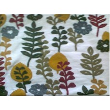 Crewel Pillow Ferns Forest Colors on off White Cotton Duck