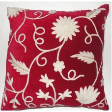 Crewel Pillow Floral Vine White on Red Cotton Velvet