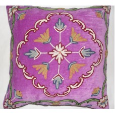 Crewel Pillow Flores Purple Cotton Velvet