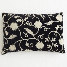 Crewel Pillow Floral Vine White on Black Cotton Velvet