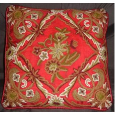 Crewel Pillow Floral Diamond Red Silk Organza