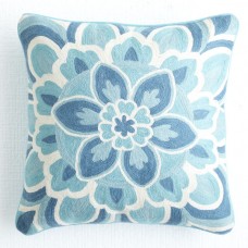 Crewel Pillow Indian Floral Blue Cotton Duck