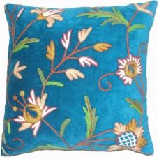 Crewel Pillow Jazmin Turquoise Cotton Velvet
