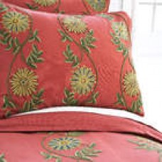 Crewel Pillow King Shams Sunflower Vine Red Cotton Duck