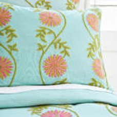 Crewel Pillow King Shams Sunflower Vine Aqua Cotton Duck