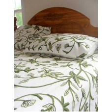 Crewel Pillow Leaves Green on White Cotton Duck Standard