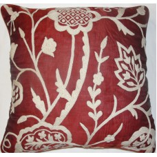 Crewel Pillow Lotus Deep Red Silk Organza