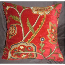 Crewel Pillow Lotus Passionate Red Cotton Velvet