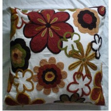 Crewel Pillow Marrie Forest Colors on Off White Cotton Duck
