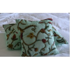 Crewel Pillow Quilted Sham Lotus Sweet Ocean Green Silk Organza