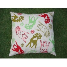 Crewel Pillow Reindeers Multi Cotton Duck