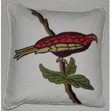 Crewel Pillow Red Bird on White Cotton Duck