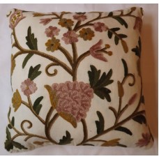 Crewel Pillow Sham Tree of Life Pink Flowers on Off White Cotton Viscose Velvet