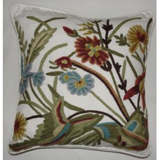 Crewel Pillow Spring Sparrows Forest Colors on Offwhite Cotton Duck