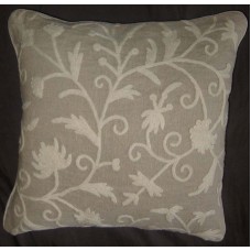 Crewel Pillow Tech White on Natural Brown Linen
