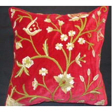 Crewel Pillow Tree of Life Red Cotton Velvet