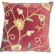 Crewel Pillow Winter Time Red Cotton Velvet