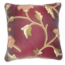 Crewel Pillow Wintertime Burgundy Silk Organza