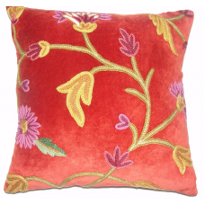 Crewel Pillow Winter Time Deep Red Cotton Velvet