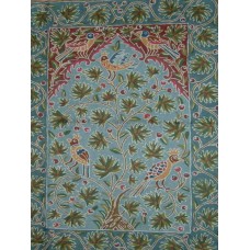 Crewel Rug Berry Birds Sky Blue Chain Stitched Wool Rug
