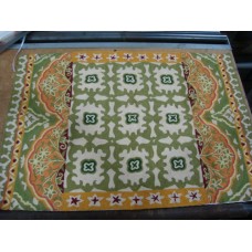 Crewel Rug Chariot Green and Orange Chain Stitched Wool Rug