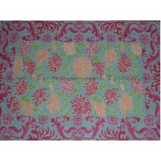 Crewel Rug Lotus Borders with Pink and Green Chain Stitched Wool