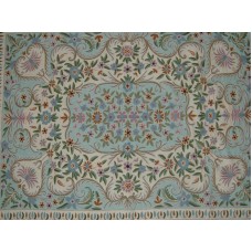 Crewel Rug Palatial Bouquet Green Chain Stitched Wool Rug