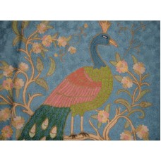 Crewel Rug Perched Peacock Blue Chain Stitched Wool Rug