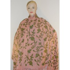 Crewel Shawl Almond Green on Haute Pink Wool