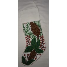 Crewel Stocking Pinecone Christmas Colors on White Cotton Duck