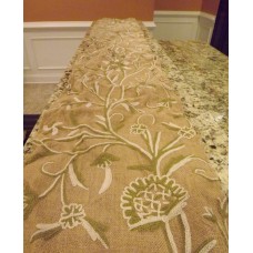 Crewel Table Runner Tree of Life White and Green on Natural Brown Jute